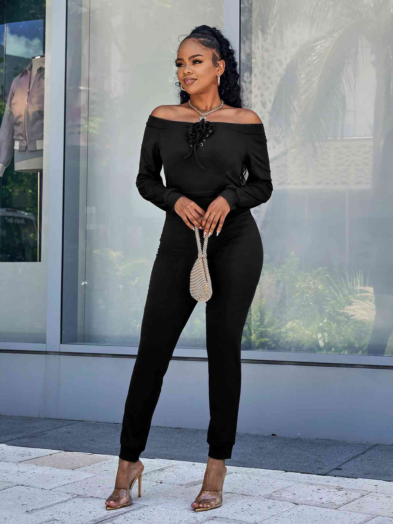 Lace-Up Off-Shoulder Long Sleeve Jumpsuit